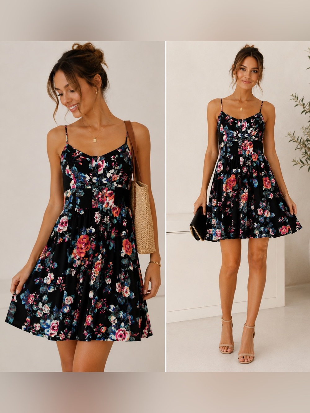 Express Black Summer Dress with Pink, Blue and Green Floral Print